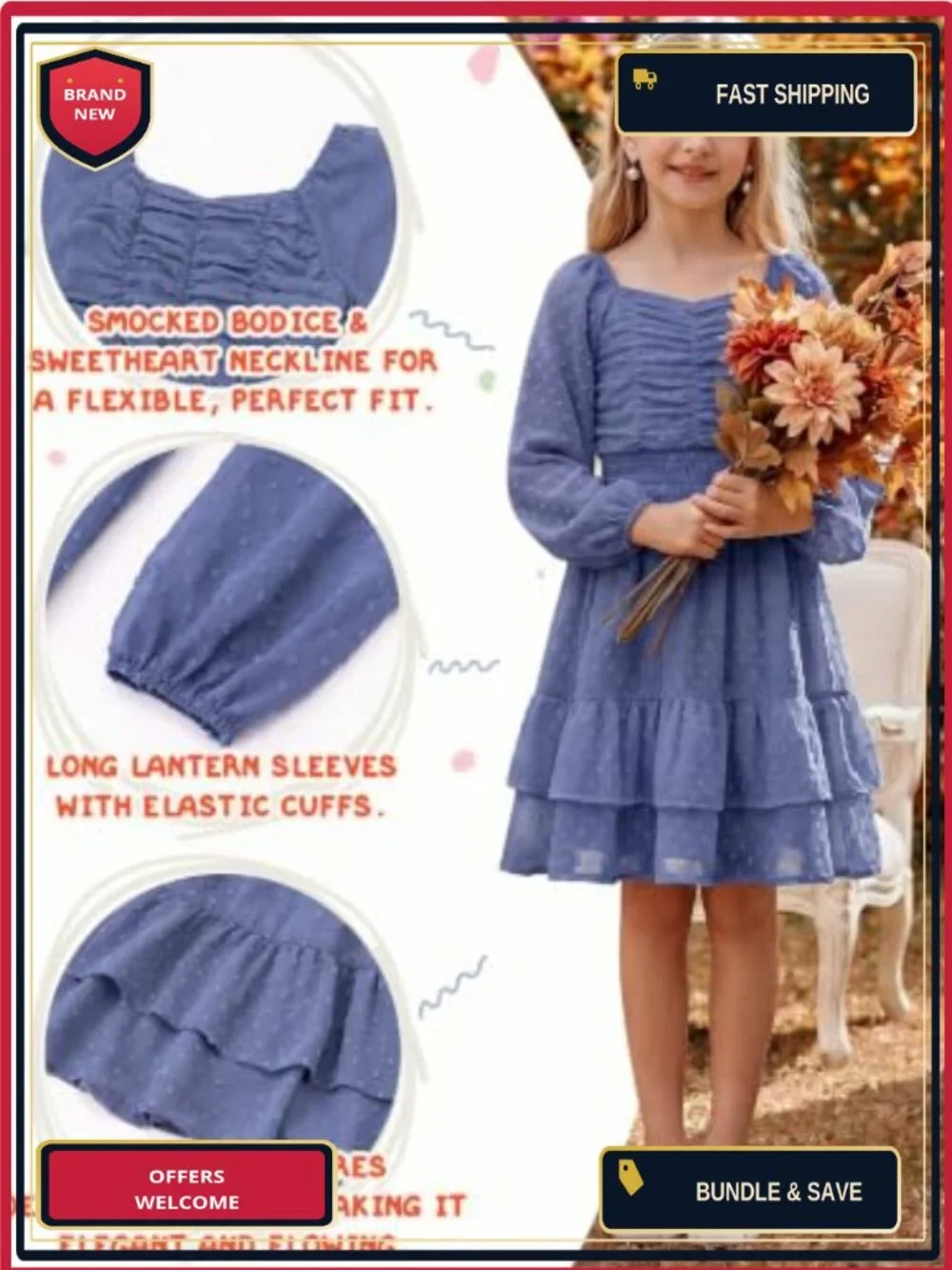 Girls Swiss Dot Chiffon Ruffle A-Line Dress Long Sleeve Party Birthday